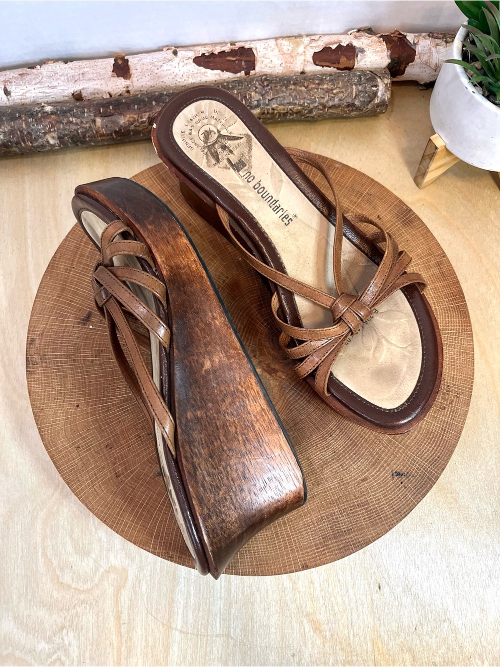 Vintage No Boundaries Leather Wooden Wedge Sandals - Size 7.5 - Boho Y2K - Picture 6 of 15